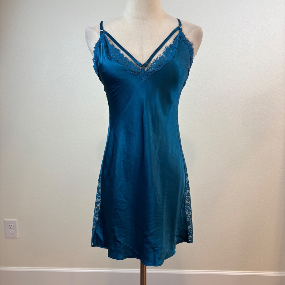 Victoria's Secret Slip Robe Set S Teal Blue Satin Lace Trim Romanitc Nightie - Picture 6 of 14